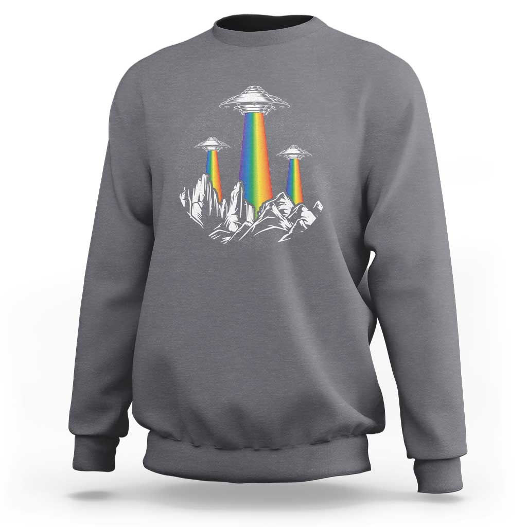 Light gray sweatshirt with rainbow UFO graphic and city skyline print on chest