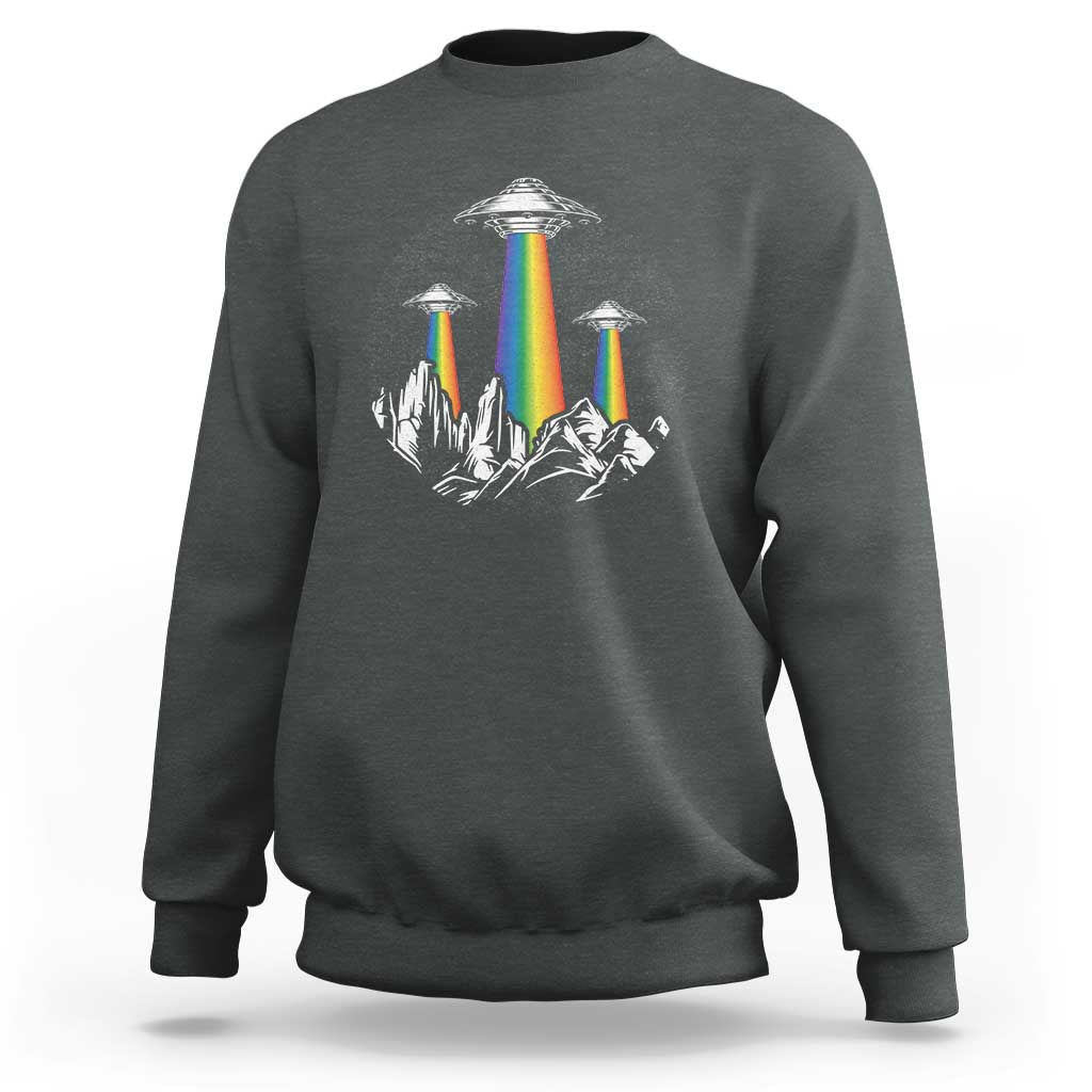 Charcoal gray sweatshirt with rainbow UFO graphic and city skyline print on chest