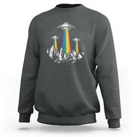 Charcoal gray sweatshirt with rainbow UFO graphic and city skyline print on chest
