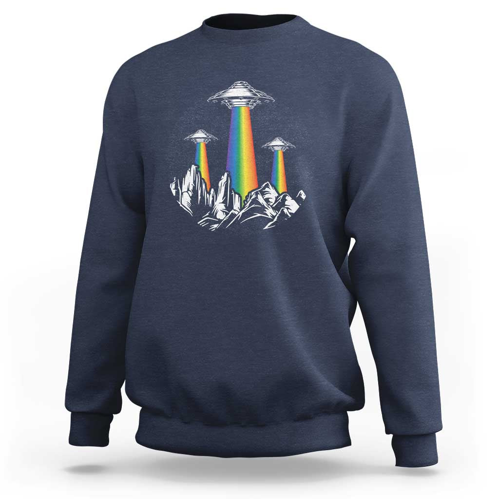 Navy blue sweatshirt with rainbow UFO graphic and city skyline print on chest