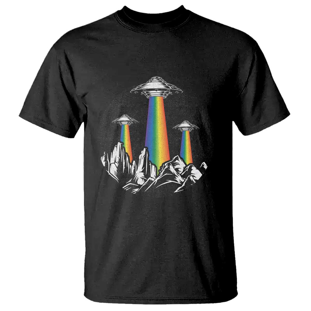 Black graphic T-shirt with rainbow UFO lights above mountain silhouette