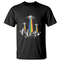 Black graphic T-shirt with rainbow UFO lights above mountain silhouette