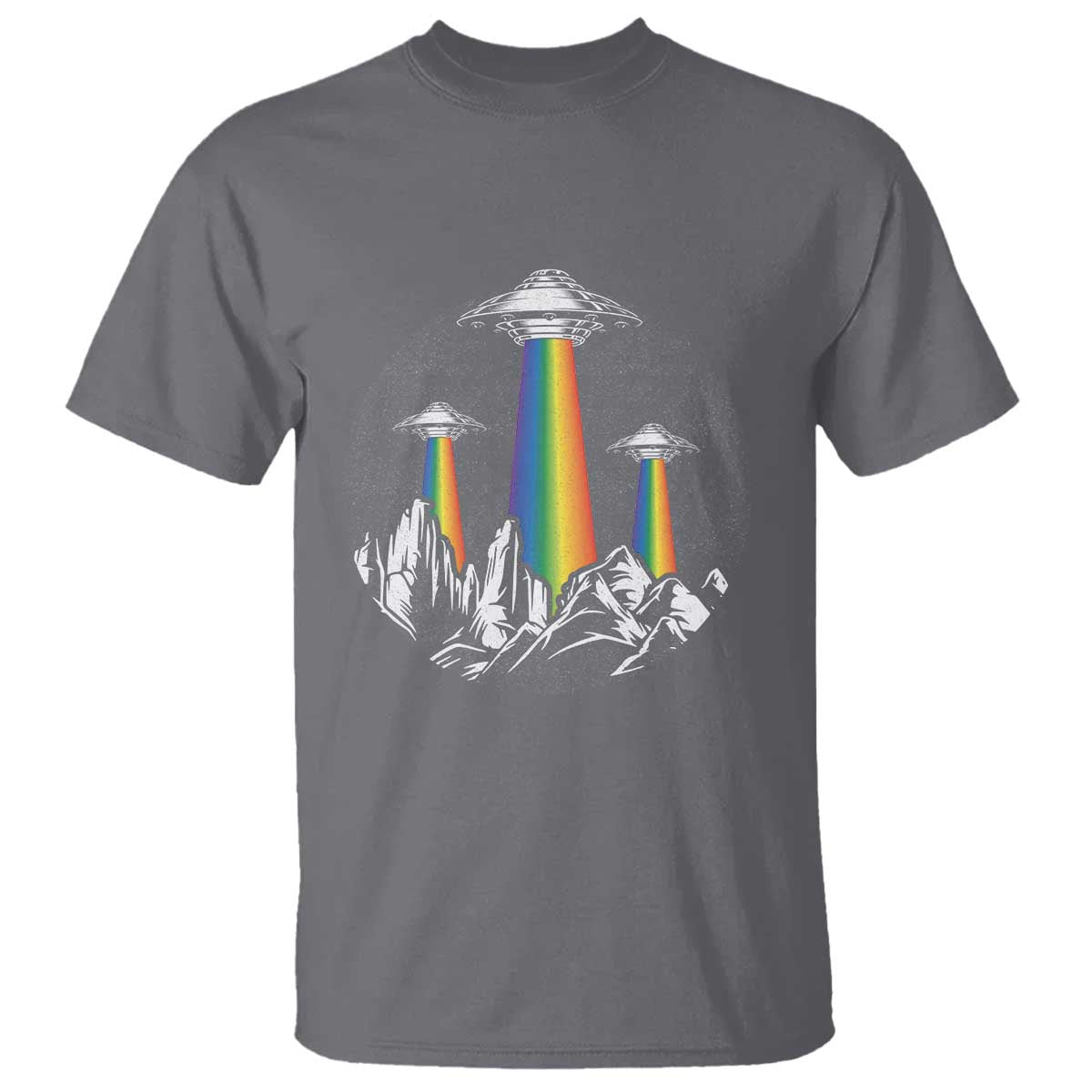 Heather gray graphic T-shirt with rainbow UFO lights over mountain silhouette
