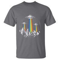 Heather gray graphic T-shirt with rainbow UFO lights over mountain silhouette