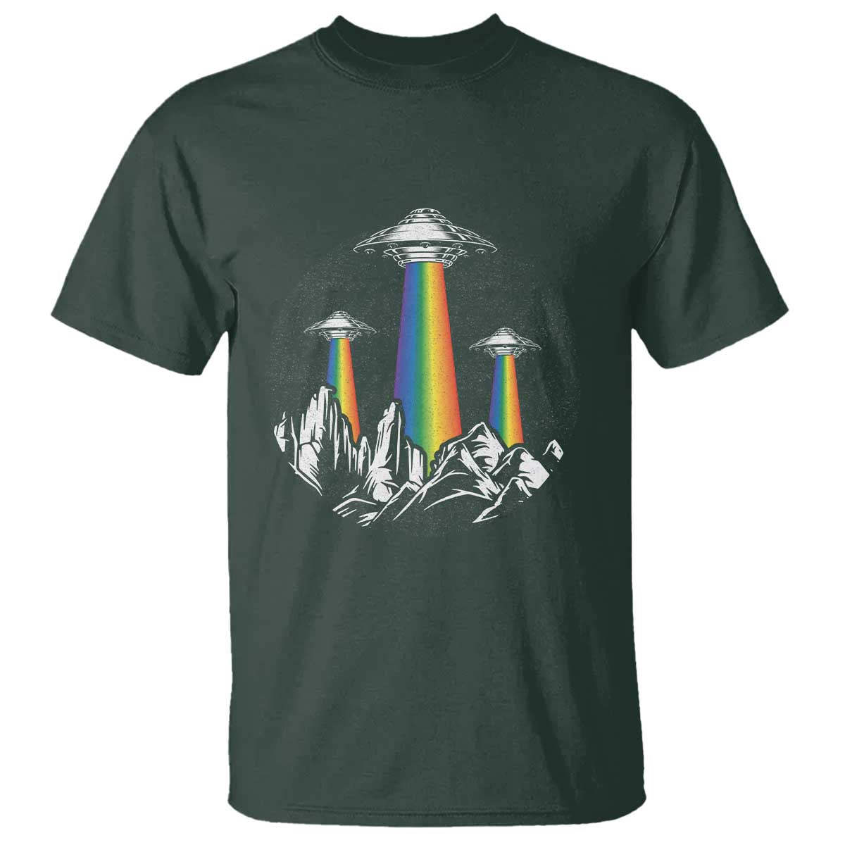 Dark forest green graphic T-shirt with rainbow UFO lights over mountain silhouette