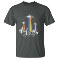 Dark gray graphic T-shirt with rainbow UFO lights over mountain silhouette