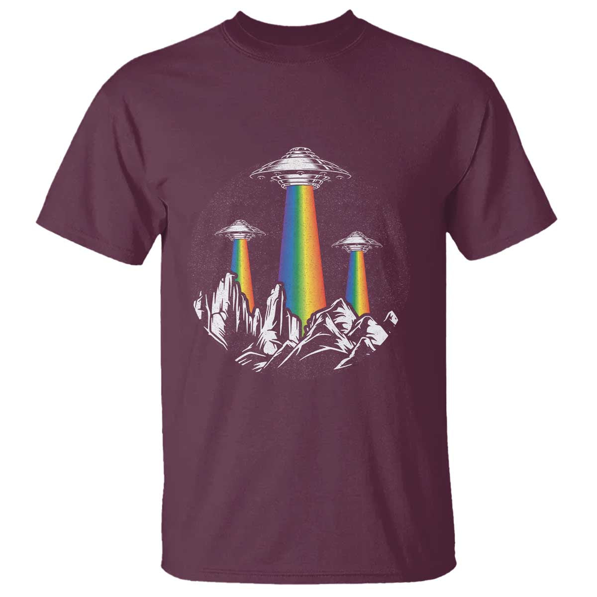 Maroon graphic T-shirt with rainbow UFO lights over mountain silhouette