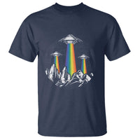 Navy graphic T-shirt with rainbow UFO lights over mountain silhouette