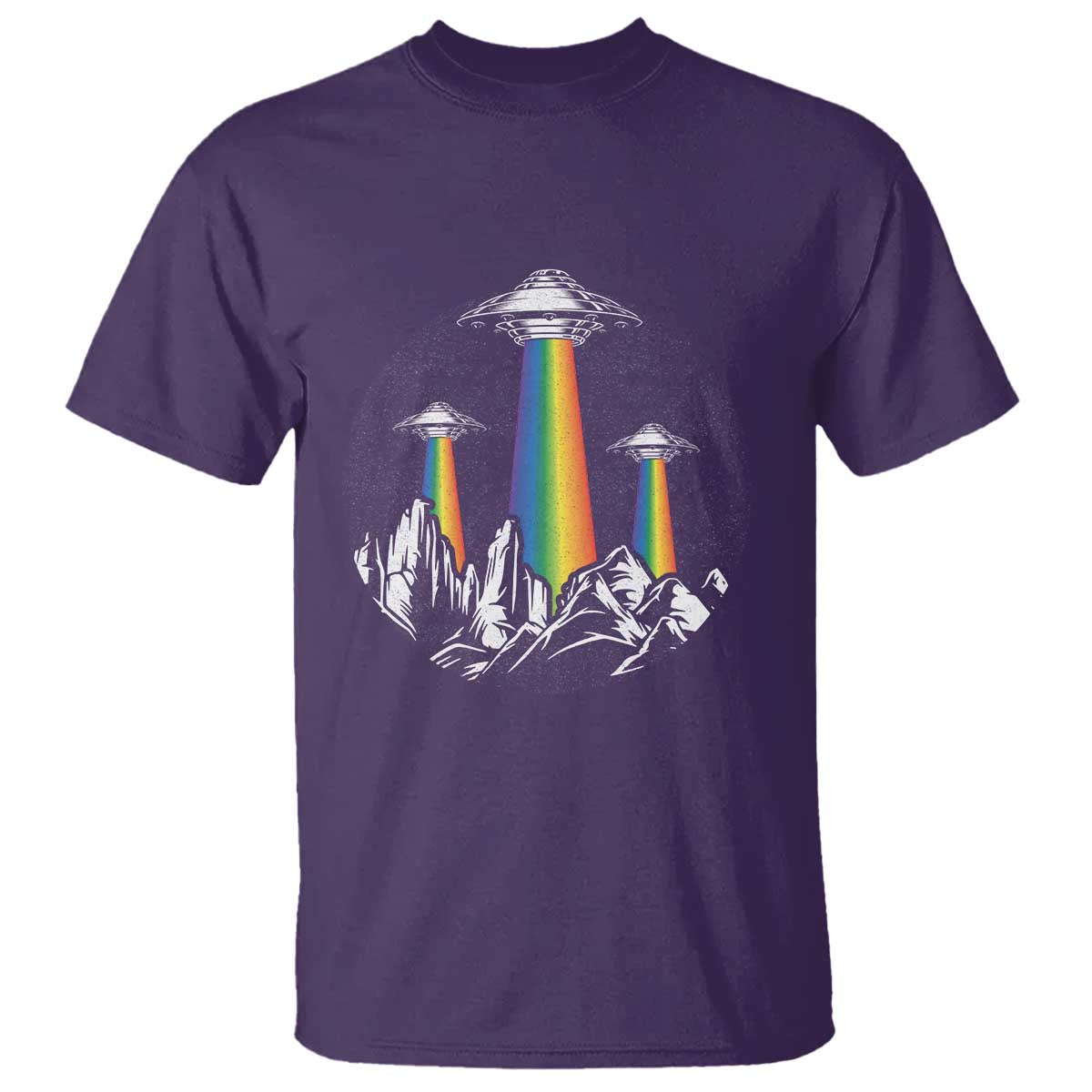 Purple graphic T-shirt with rainbow UFO lights over mountain silhouette