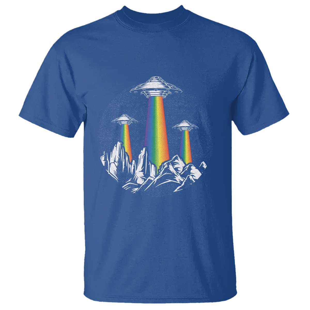 Royal blue graphic T-shirt with rainbow UFO lights over mountain silhouette