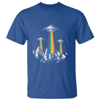 Royal blue graphic T-shirt with rainbow UFO lights over mountain silhouette