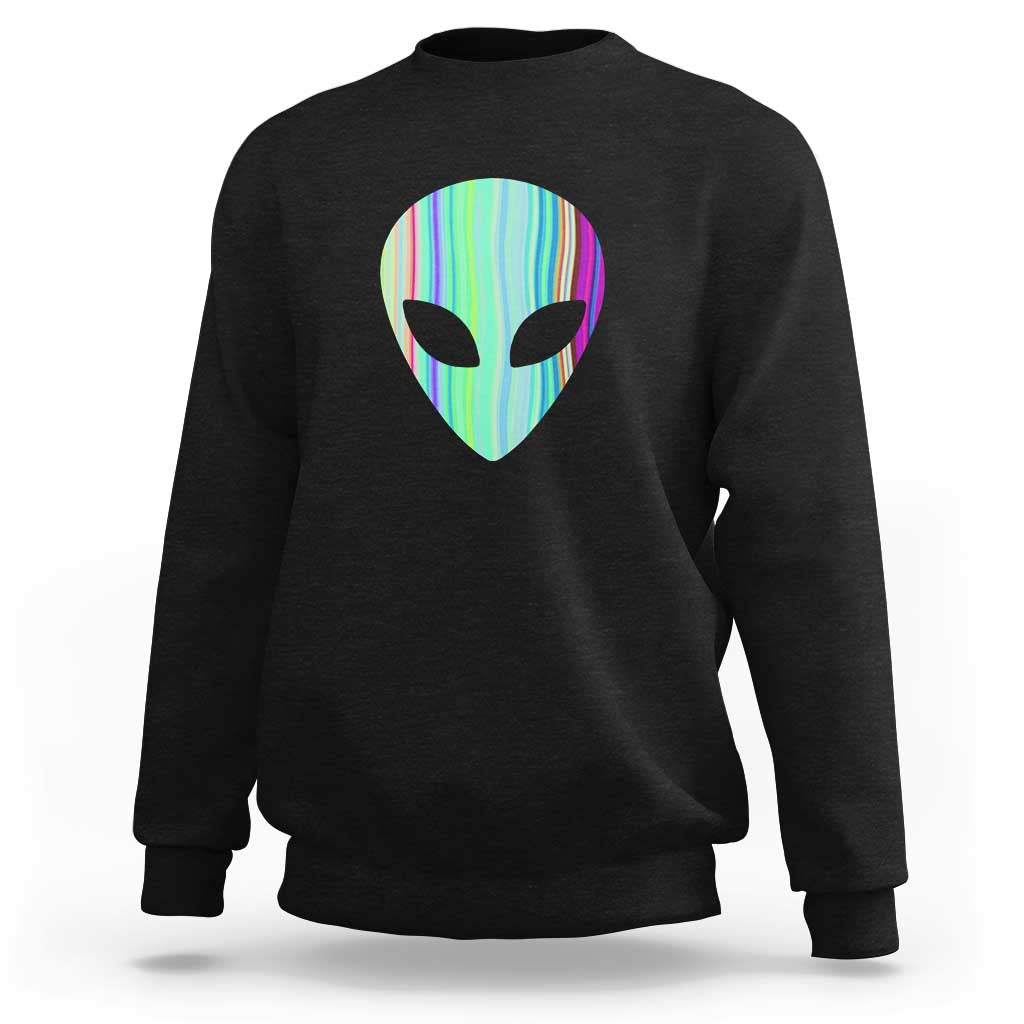 Black crewneck sweatshirt with holographic alien head graphic on the chest