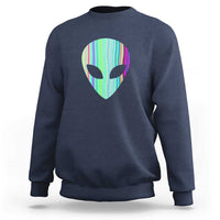 Navy crewneck sweatshirt with holographic alien head graphic at the chest