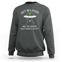 Charcoal crewneck sweatshirt with alien graphic and funny text on the front