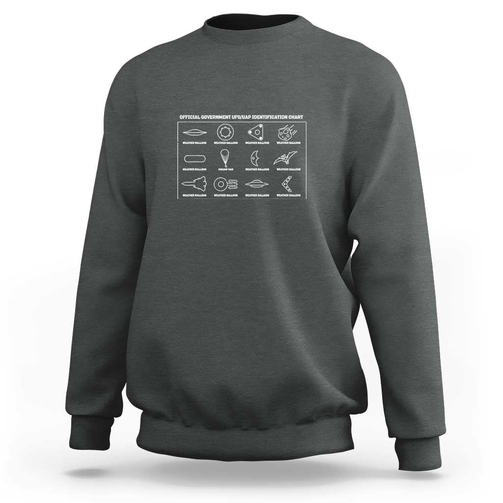 Charcoal gray sweatshirt with white UFO UAP identification chart graphic on chest