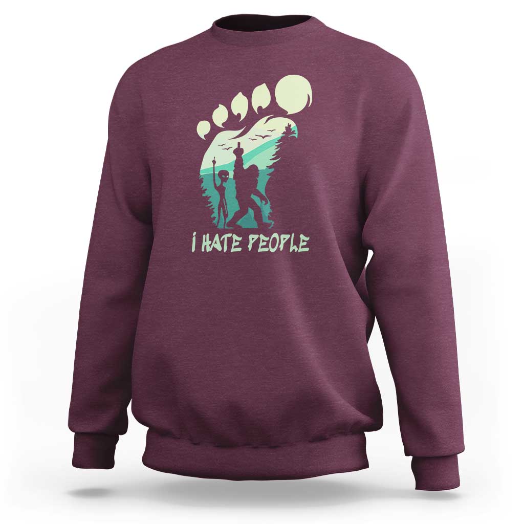 Maroon crewneck sweatshirt with Bigfoot-style graphic and 'I HATE PEOPLE' print