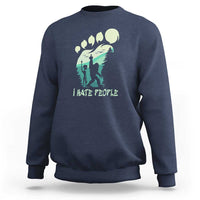 Blue crewneck sweatshirt with Bigfoot-style graphic and 'I HATE PEOPLE' print