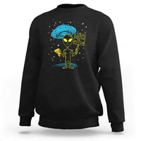 Black crewneck sweatshirt with colorful alien graphic holding pizza slice and sign