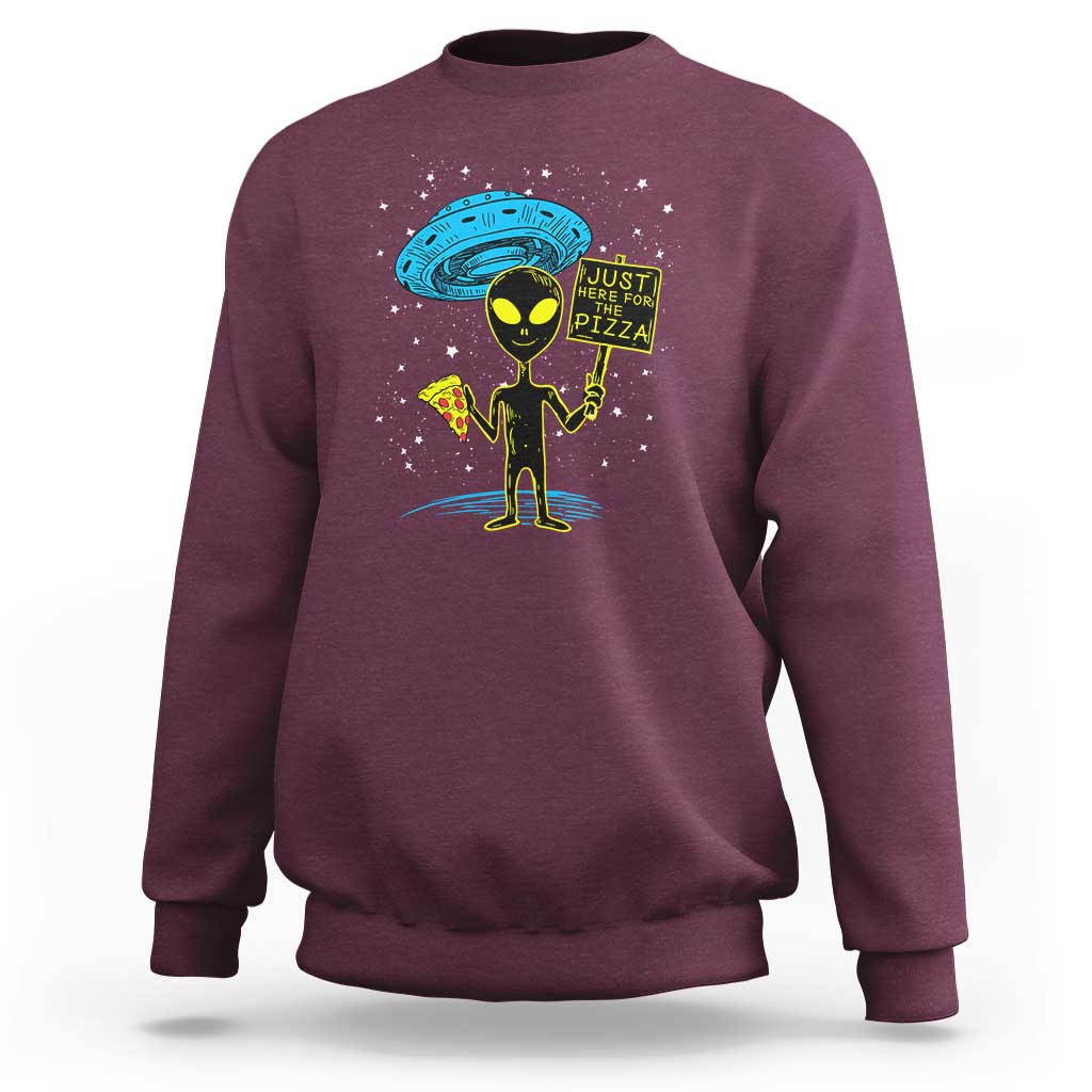 Maroon crewneck sweatshirt with alien graphic holding pizza slice and sign