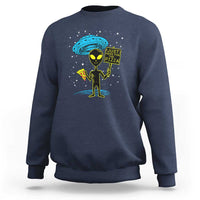 Heather blue crewneck sweatshirt featuring alien graphic with pizza slice and sign