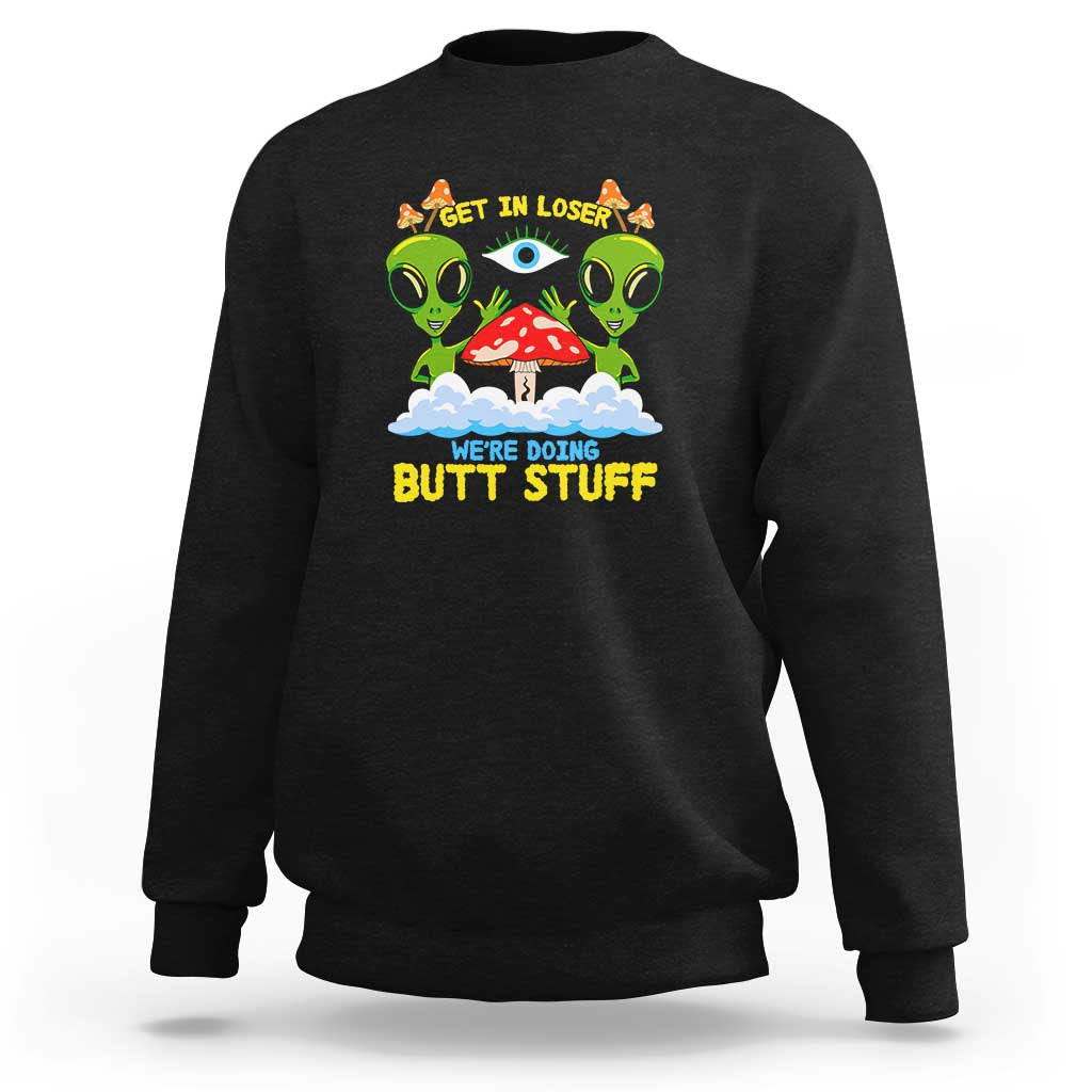 Black crewneck sweatshirt with colorful alien and UFO graphic on the chest