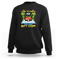 Black crewneck sweatshirt with colorful alien and UFO graphic on the chest