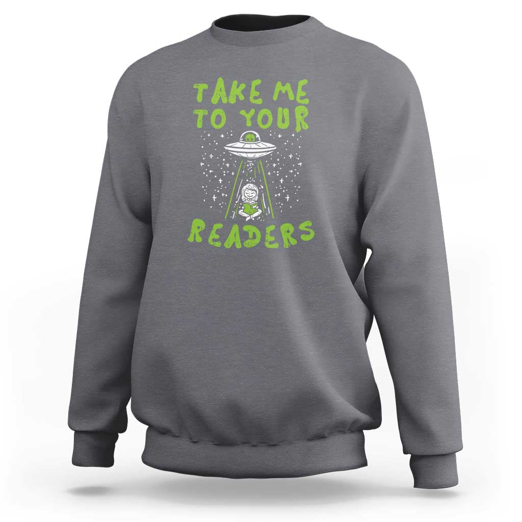 Charcoal crewneck sweatshirt with alien librarian graphic, front view