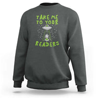 Dark heather gray crewneck sweatshirt with alien librarian graphic, front view