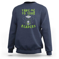 Navy crewneck sweatshirt with alien librarian graphic, front view