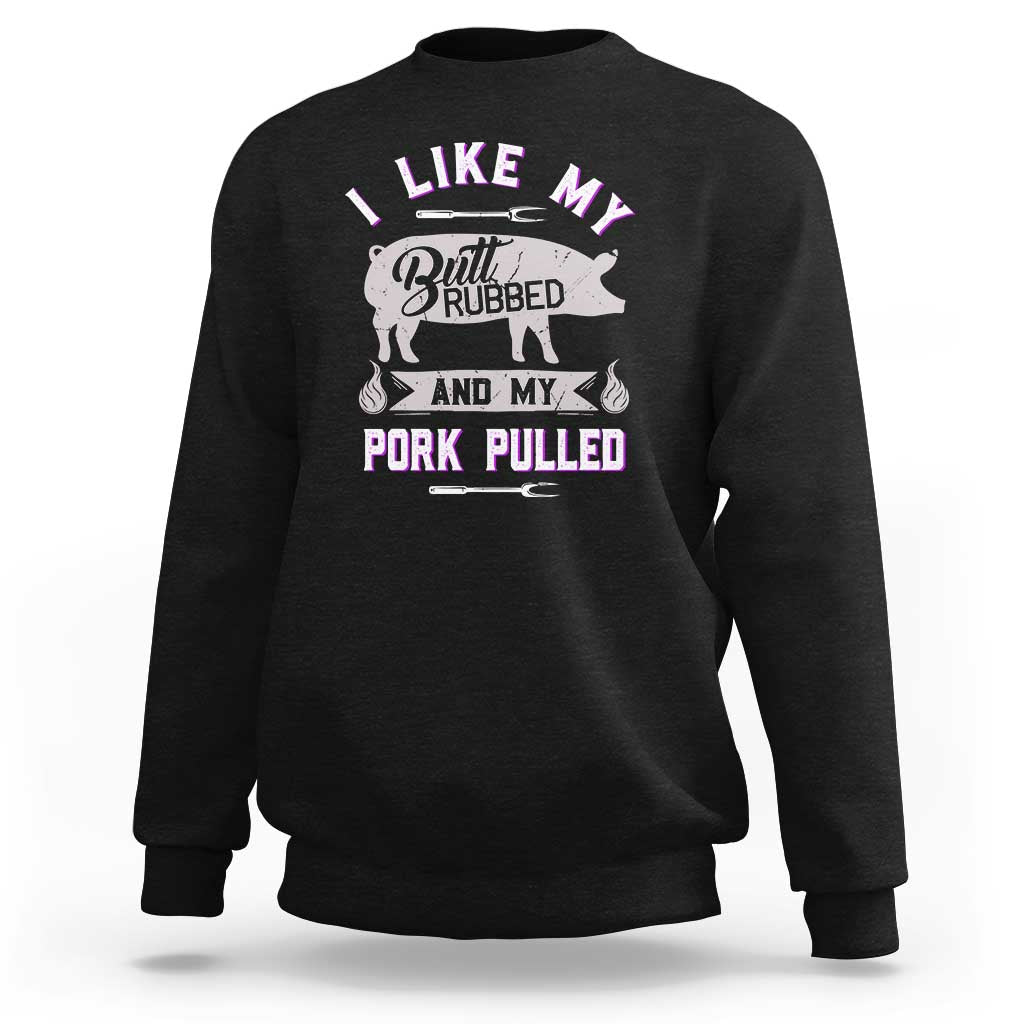 Black crewneck sweatshirt with BBQ pig graphic and 'Pork Pulled' front print.