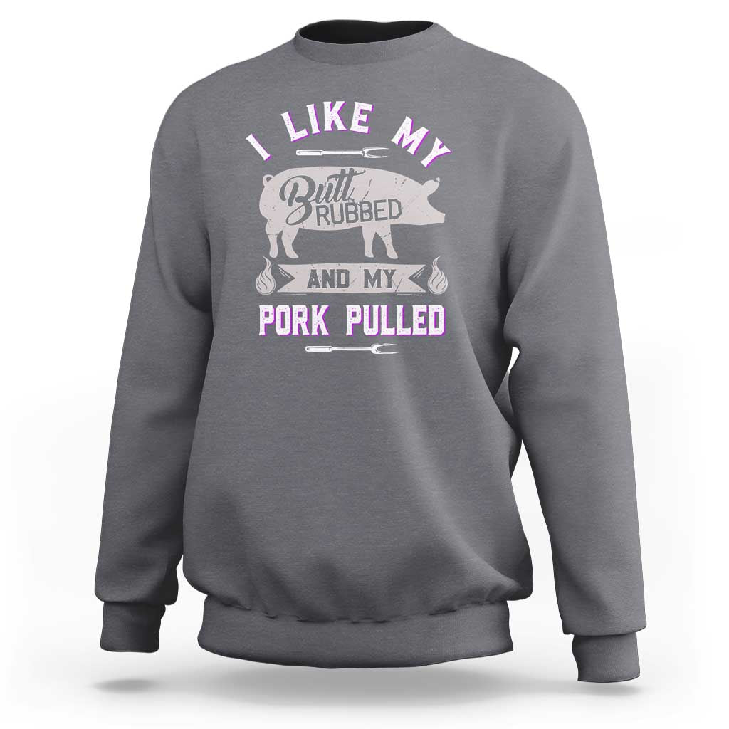 Dark heather gray crewneck sweatshirt with BBQ pig graphic and 'Pork Pulled' front print.