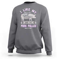 Dark heather gray crewneck sweatshirt with BBQ pig graphic and 'Pork Pulled' front print.