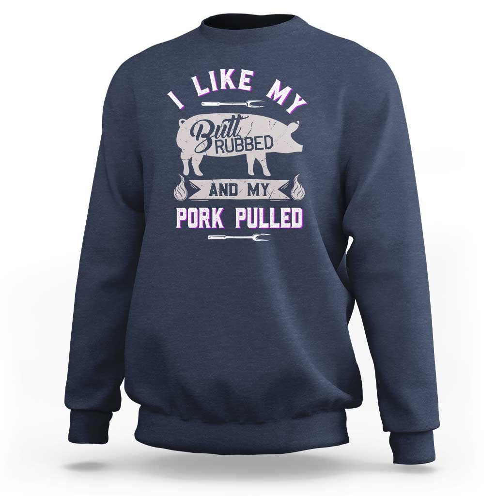 Navy crewneck sweatshirt with BBQ pig graphic and 'Pork Pulled' front print.