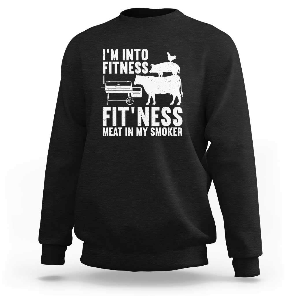 Black sweatshirt with front BBQ smoker and cow graphic, crew neck and long sleeves