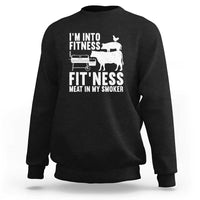 Black sweatshirt with front BBQ smoker and cow graphic, crew neck and long sleeves
