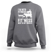 Dark heather gray sweatshirt with front BBQ smoker and cow graphic, crew neck and long sleeves