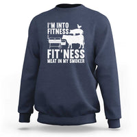 Navy blue sweatshirt with front BBQ smoker and cow graphic, crew neck and long sleeves