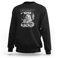 Black crewneck sweatshirt with white beaver face graphic and slogan