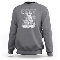 Light gray crewneck sweatshirt with white beaver face graphic and slogan