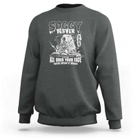 Charcoal gray crewneck sweatshirt with white beaver face graphic and slogan