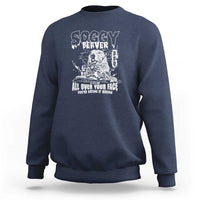 Navy crewneck sweatshirt with white beaver face graphic and All over your face text