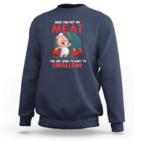 Navy crewneck sweatshirt with cartoon BBQ pig graphic and bold 'MEAT' text