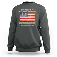 Dark heather crewneck sweatshirt with front graphic featuring a U.S. flag and slogan text