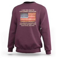Maroon crewneck sweatshirt with front graphic featuring a U.S. flag and slogan text