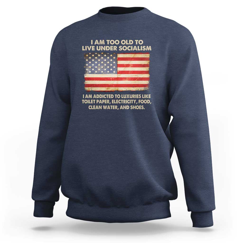 Navy crewneck sweatshirt with front graphic featuring a U.S. flag and slogan text