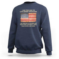 Navy crewneck sweatshirt with front graphic featuring a U.S. flag and slogan text