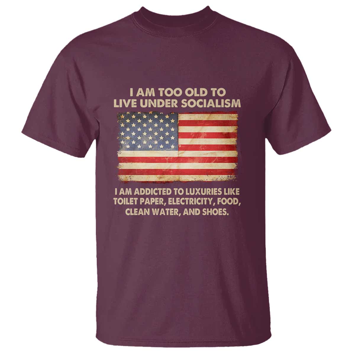 Maroon graphic T-shirt with American flag slogan front print
