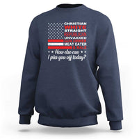 Crewneck sweatshirt in navy with bold chest-and-back graphic and slogan text