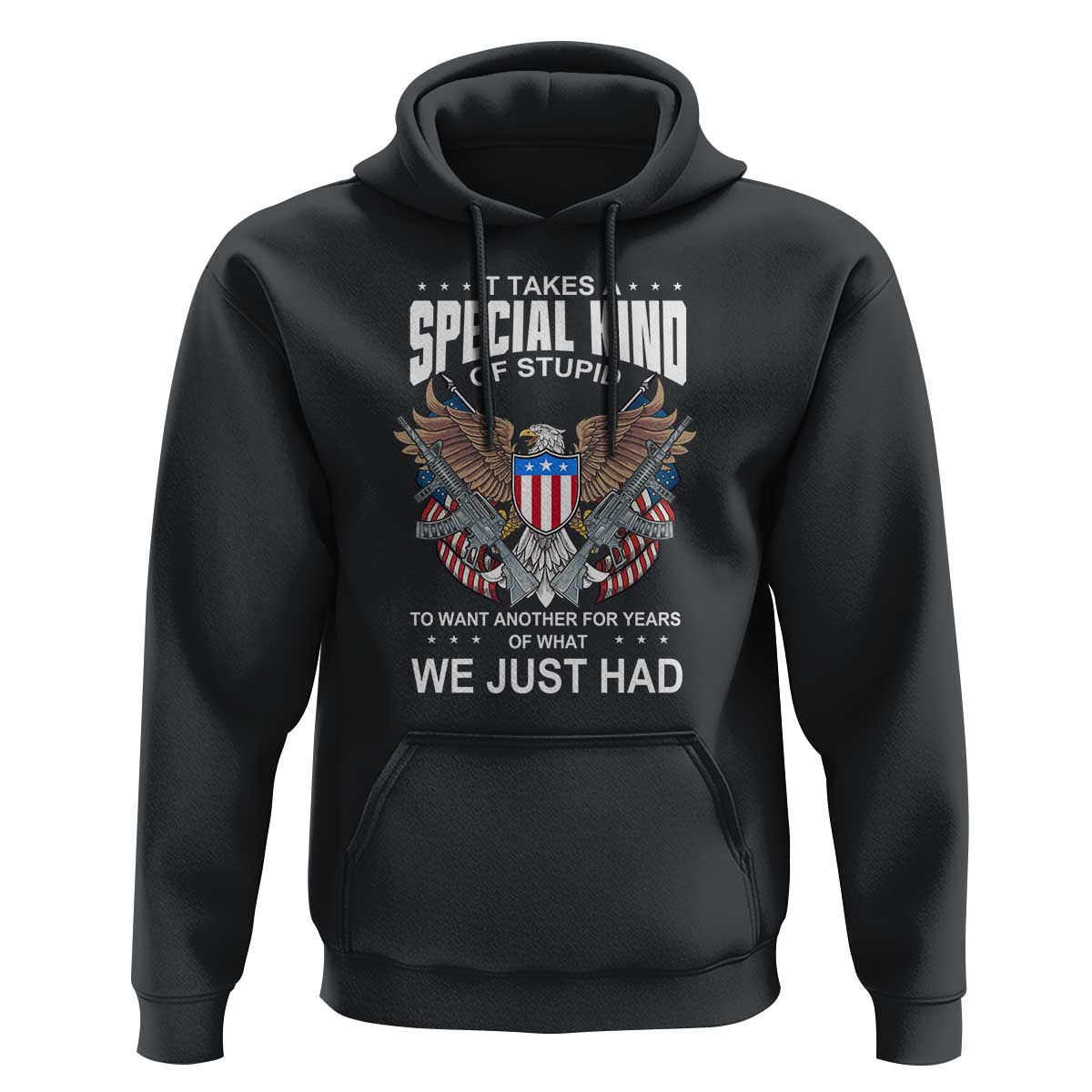 Black hoodie with patriotic eagle front graphic and text "WE JUST HAD".