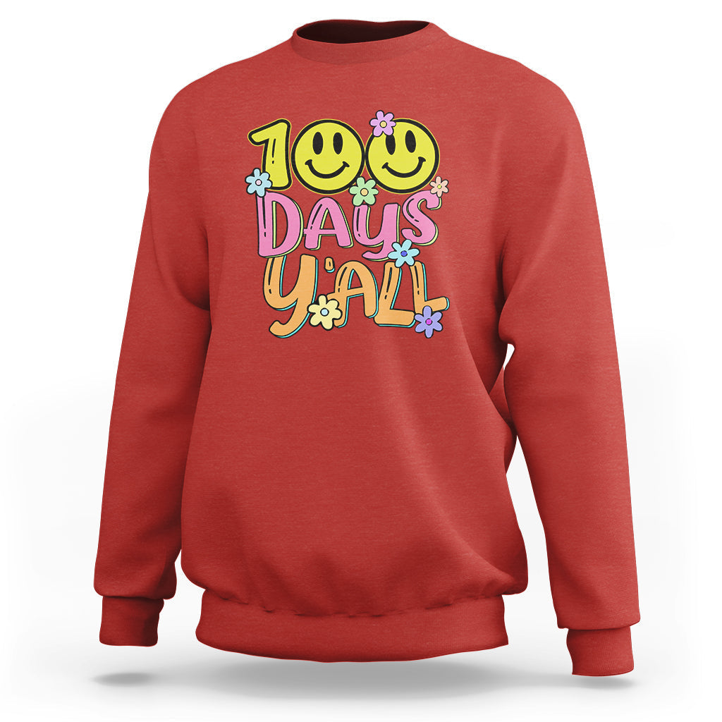 Red sweatshirt with colorful “100 Days Y’all” text and smiling faces graphic